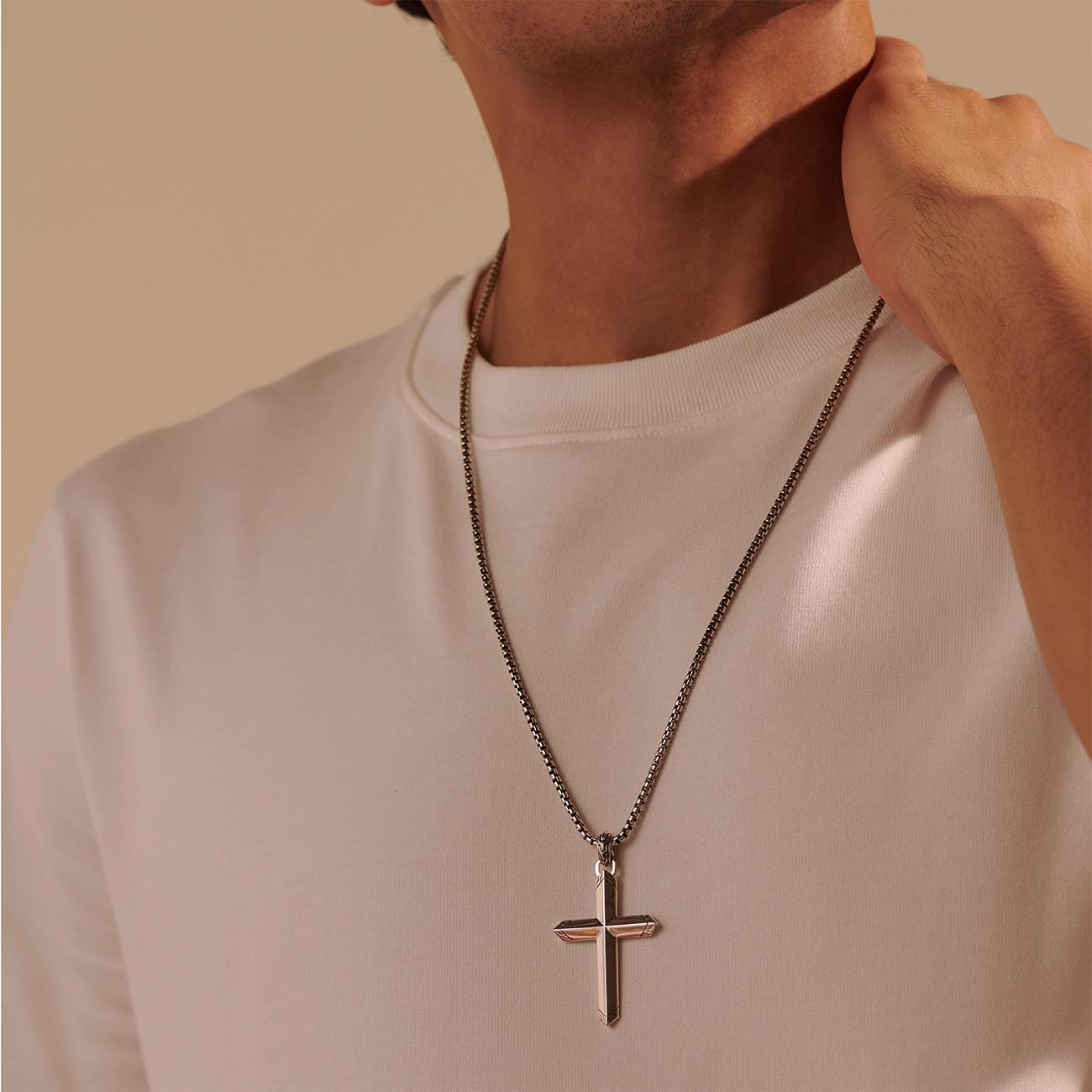 John Hardy Classic Chain Silver Cross Necklace on model