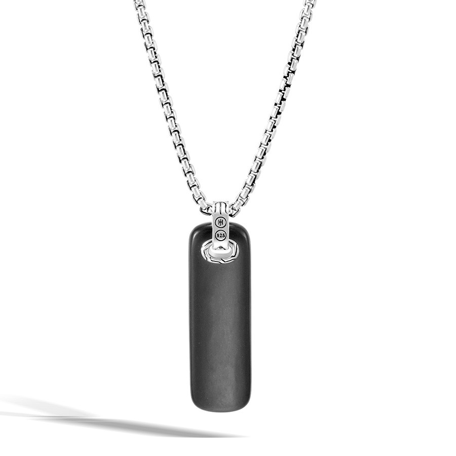 John Hardy Silver Dog Tag Pendant on Etruscan Chain Necklace with Treated  Black Onyx