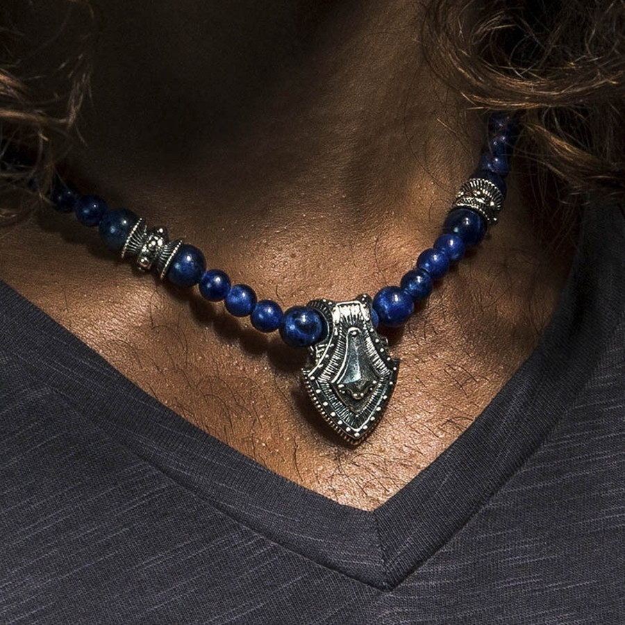Silver Warrior Shield & Sodalite Beaded William Henry Necklace on Model 