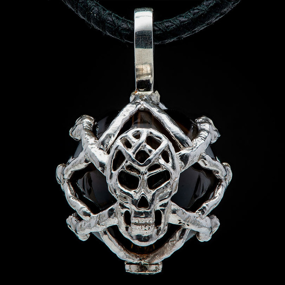 William Henry Purpose Embrace Silver Skull Smoky Quartz Bead Pendant Necklace Front Close Up