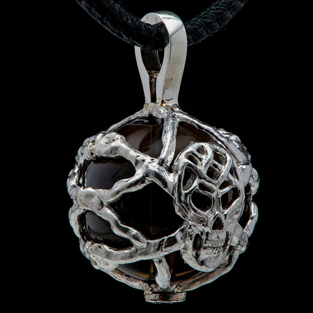 William Henry Purpose Embrace Silver Skull Smoky Quartz Bead Pendant Necklace