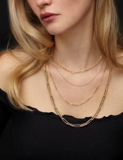Dainty Paper Clip Link Necklace in Yellow Gold  on model 