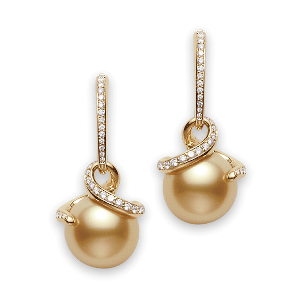 Mikimoto Twist Golden South Sea Pearl & Diamond Drop Earrings 