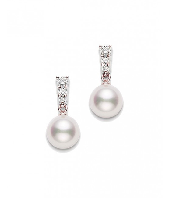 Mikimoto Akoya Pearl Diamond Earrings in 18K Rose Gold full view