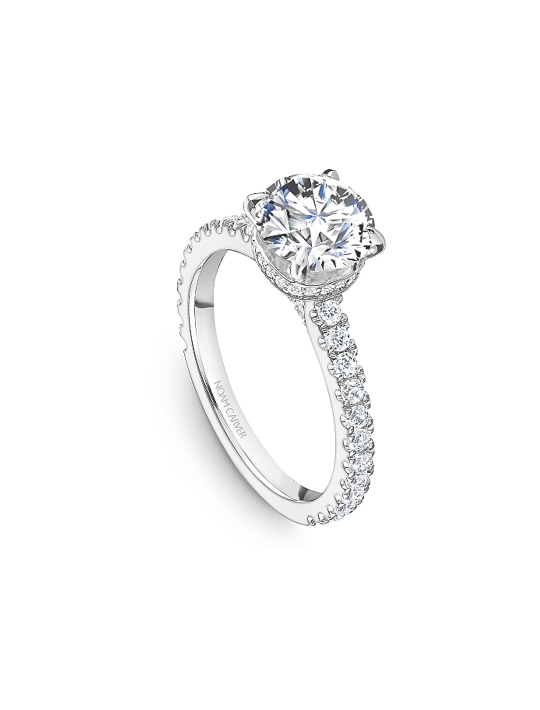 Noam Carver Round Pave Diamond Crown Engagement Ring Setting in 18K White Gold angle view