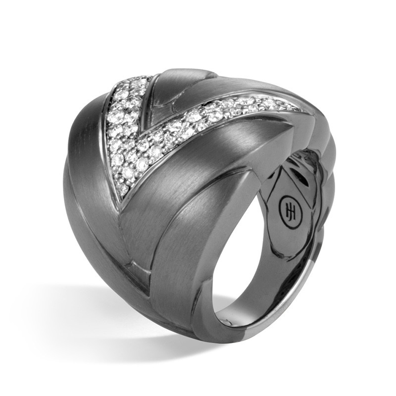 John Hardy Modern Chain Wide Blackened Silver & Diamond Ring