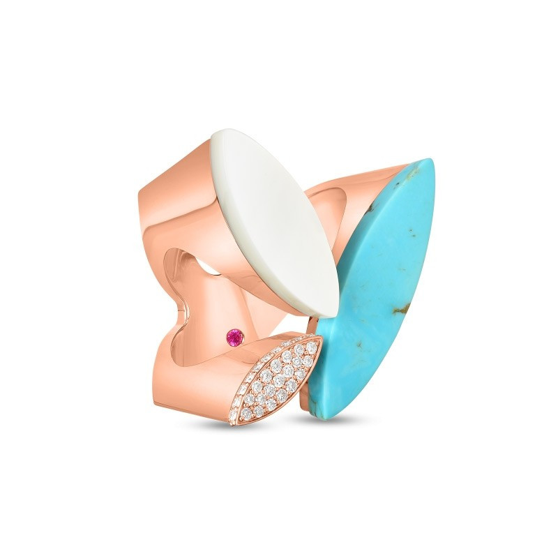 Roberto Coin Rose Gold Large Petals Turquoise & Diamond Ring side view