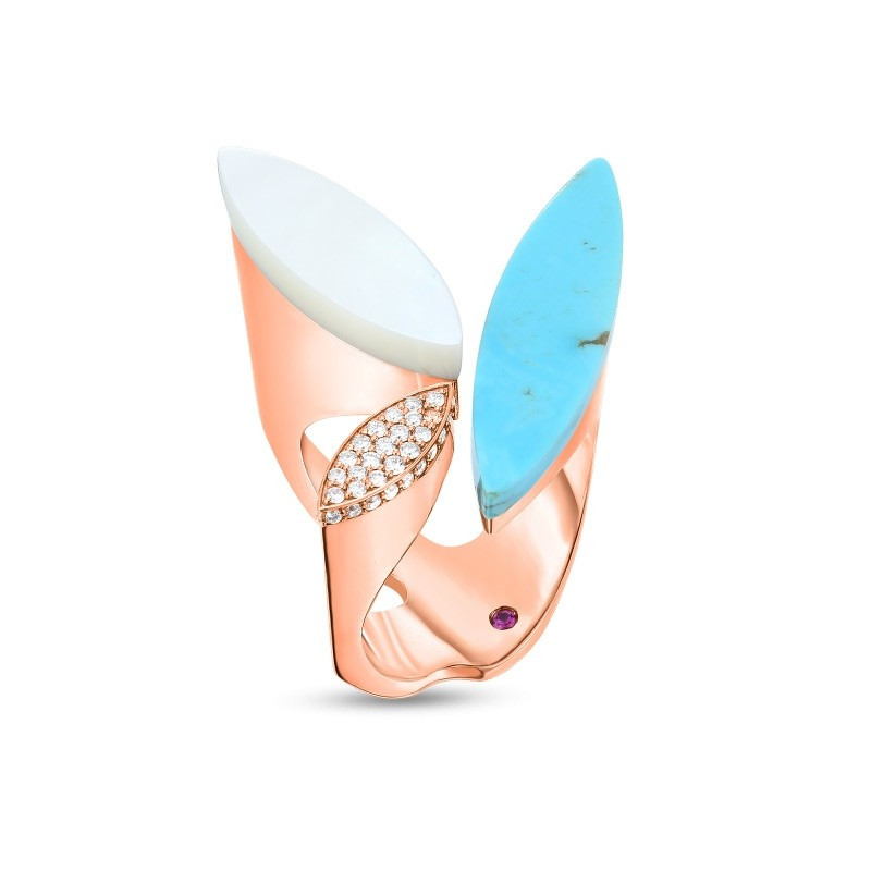 Roberto Coin Rose Gold Large Petals Turquoise & Diamond Ring front view