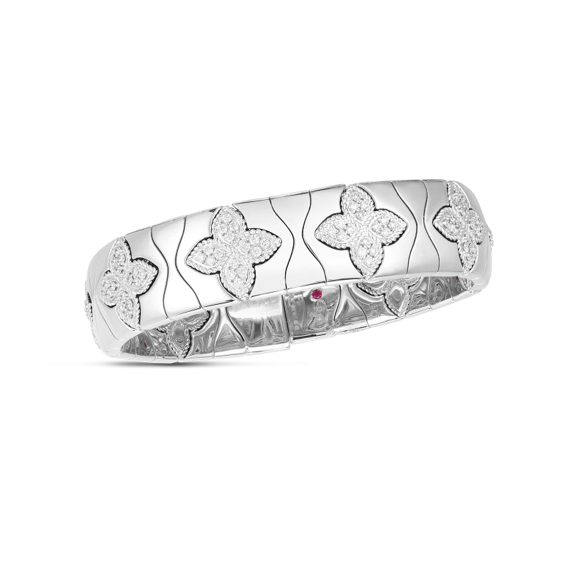 Roberto Coin Royal Princess Flower Wide Bangle in 18K White Gold