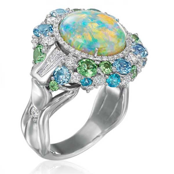 Lightening Opal Diamond & Gemstone White Gold Ring