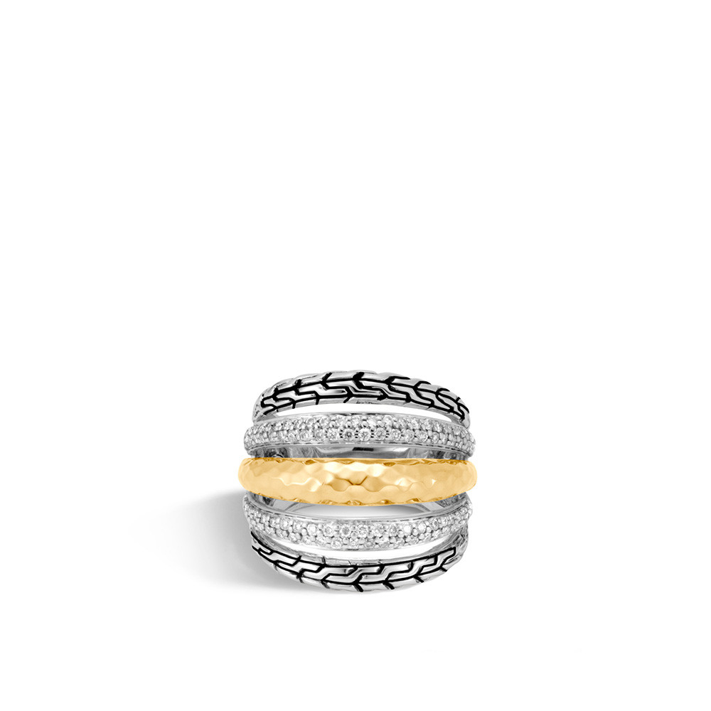 John Hardy Classic Chain Hammered Gold & Silver Wide Diamond Ring Front View