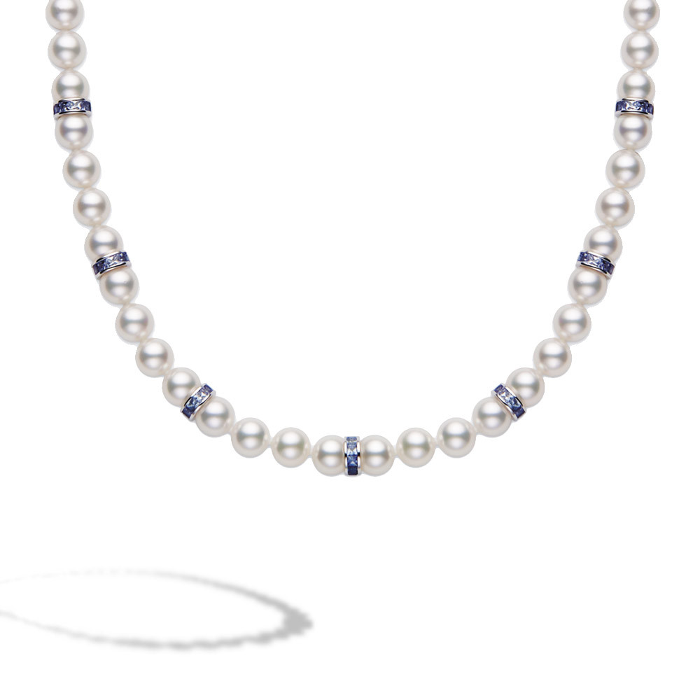 Mikimoto Elements of Life Akoya Pearl and Blue Sapphire White Gold 18" Ocean Strand Necklace 