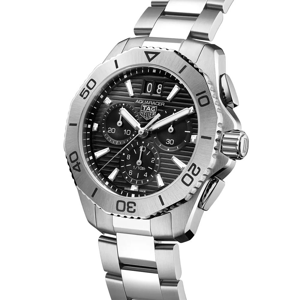 Aquaracer Professional 200 Date Stainless Steel Chronograph Black Dial Watch Front Side