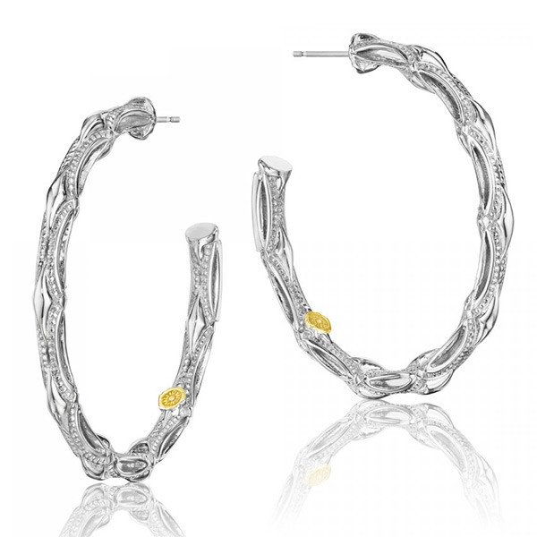 Tacori 18K925 Medium Sterling Silver Crescent & Milgrain Engraved Hoop Earrings 