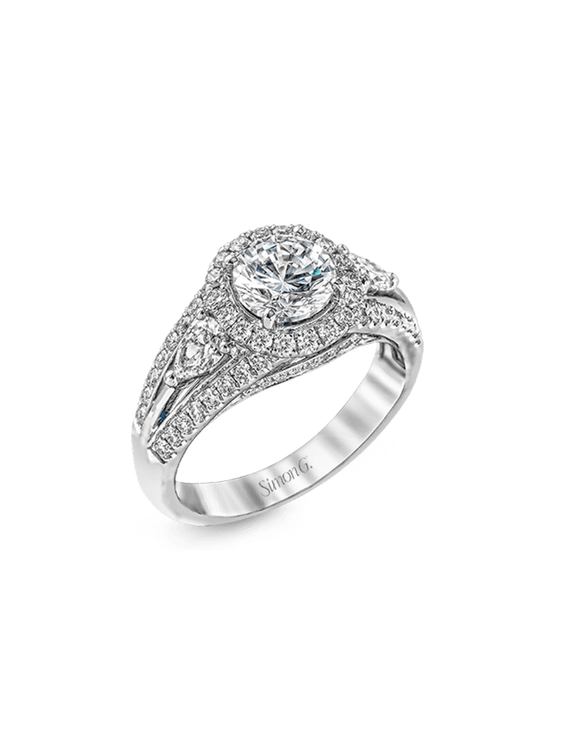 Simon G Round Halo Three Stone Pave Diamond Engagement Ring Setting in White Gold angle view