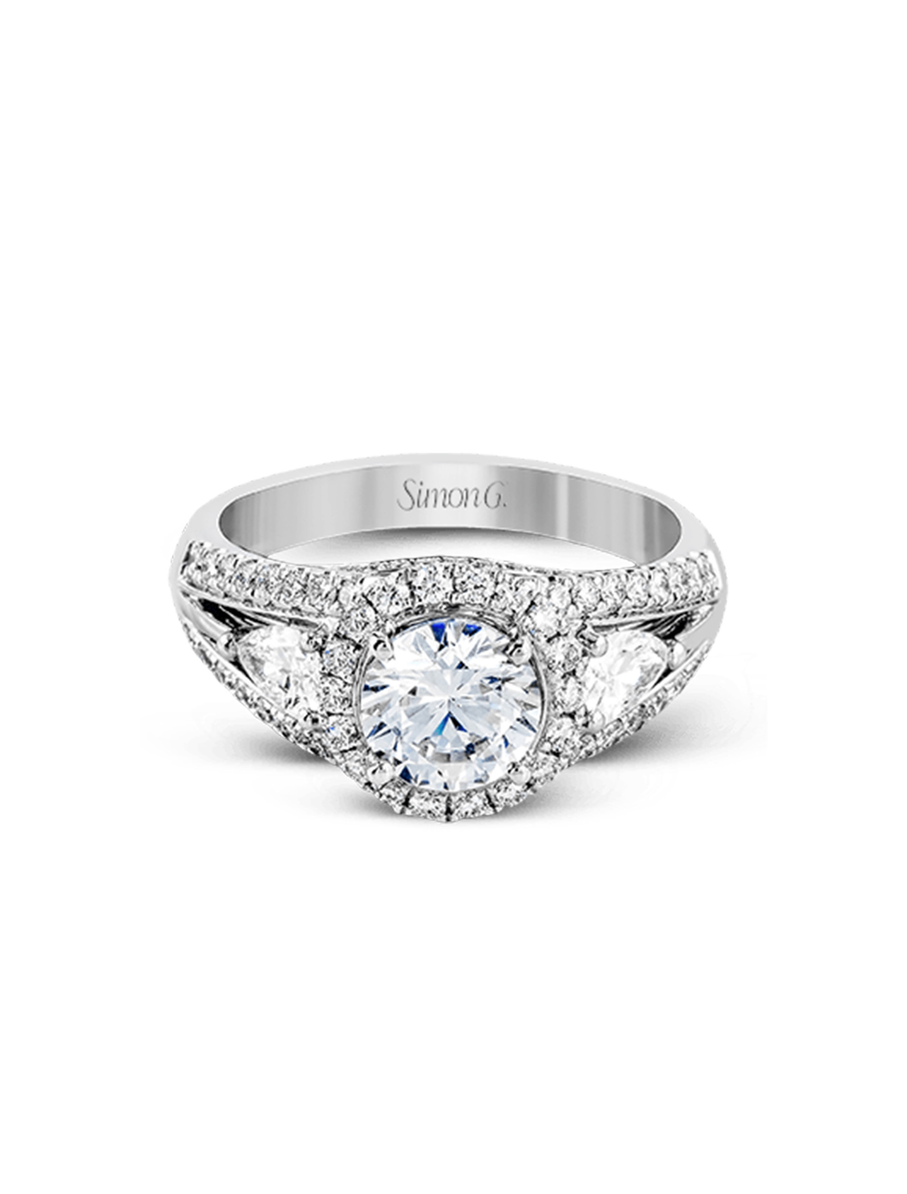 Simon G Round Halo Three Stone Pave Diamond Engagement Ring Setting in White Gold main view