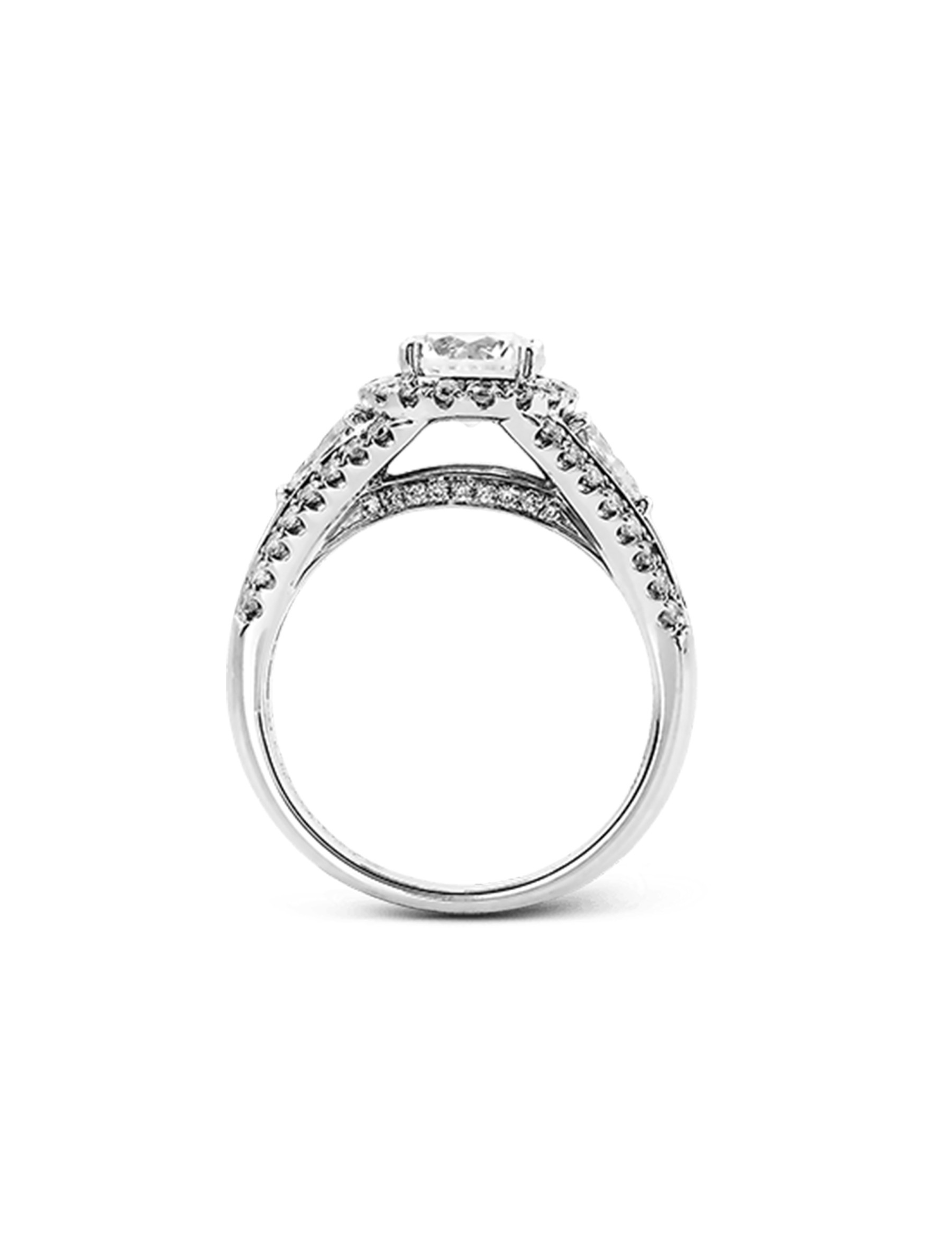 Simon G Round Halo Three Stone Pave Diamond Engagement Ring Setting in White Gold side view