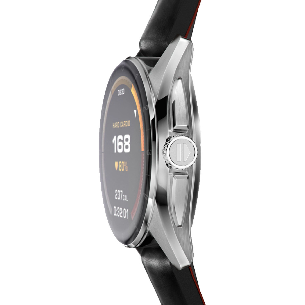 TAG Heuer Connected E4 42mm Smartwatch on a Black Leather Strap profile view