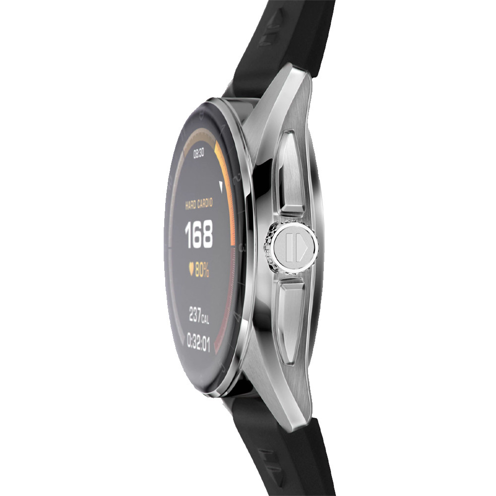 TAG Heuer Connected E4 45mm Steel Smartwatch with Black Rubber Strap profile view