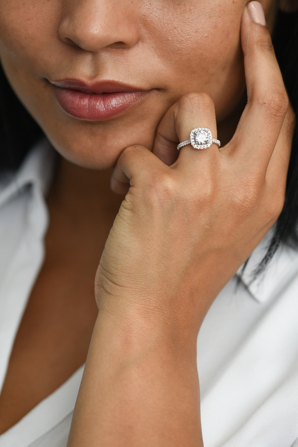 Cushion Halo Pavé Diamond Engagement Ring on model
