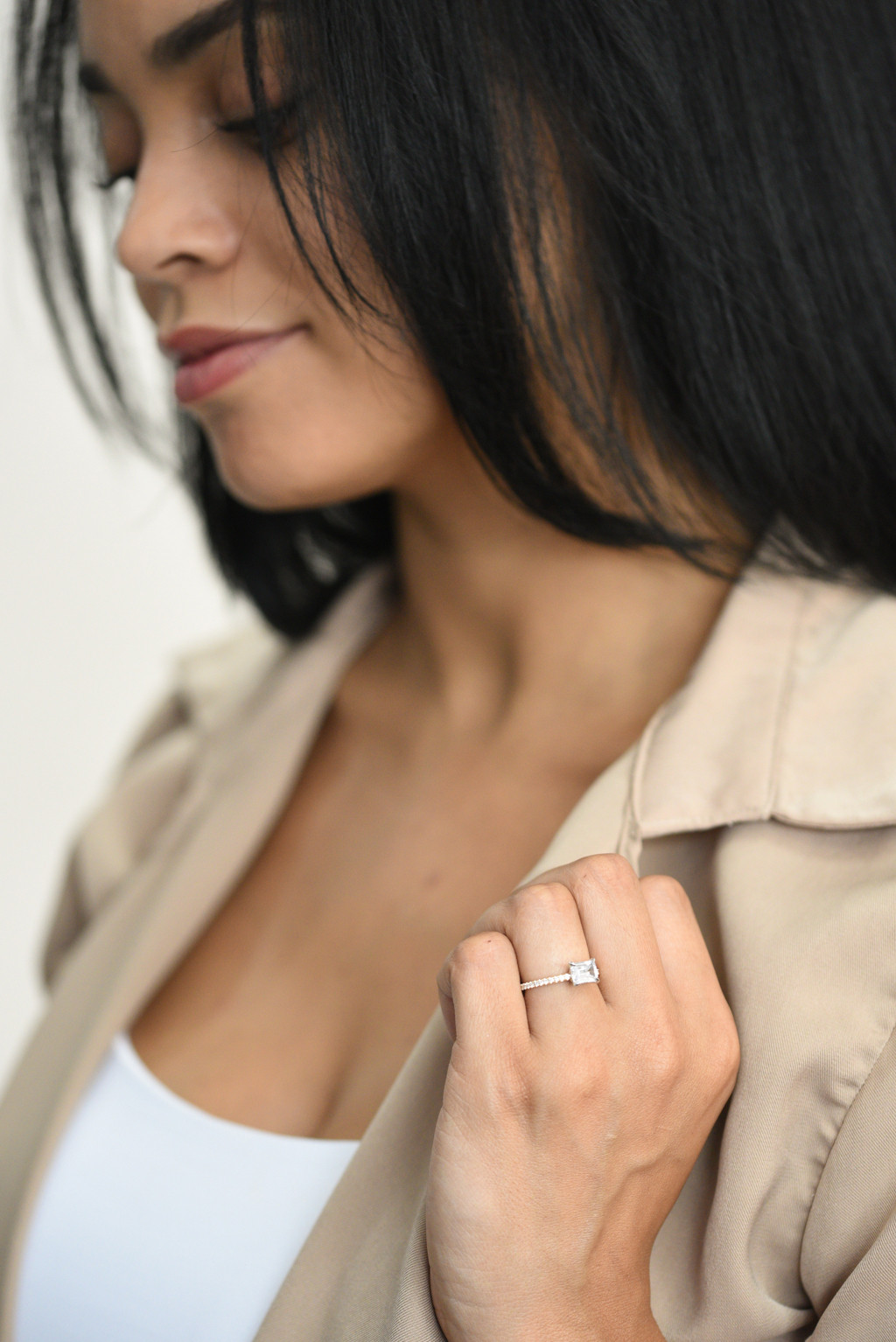 Solitaire Pavé Diamond Engagement Ring on model