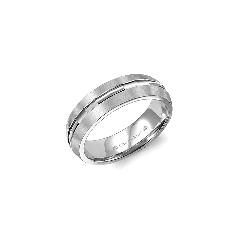 Crown Ring White Gold Brushed Carved Center 6mm Band