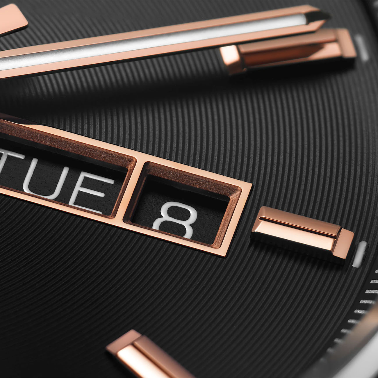 Tag Heuer Carrera Calibre 5 Day-Date Black and Rose Gold Dial Watch Closeup