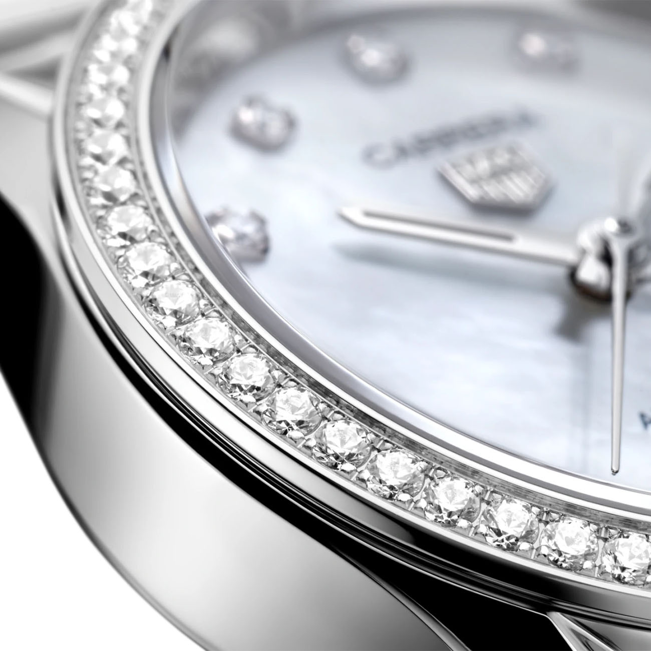 Tag Heuer Carrera Calibre 9 Mother of Pearl Dial Diamond Watch Closeup