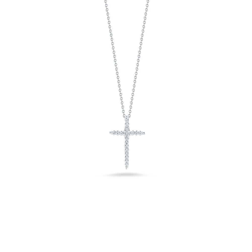 Roberto Coin Tiny Treasures Necklace 18kt White Gold Diamond Cross Necklace .10ctw