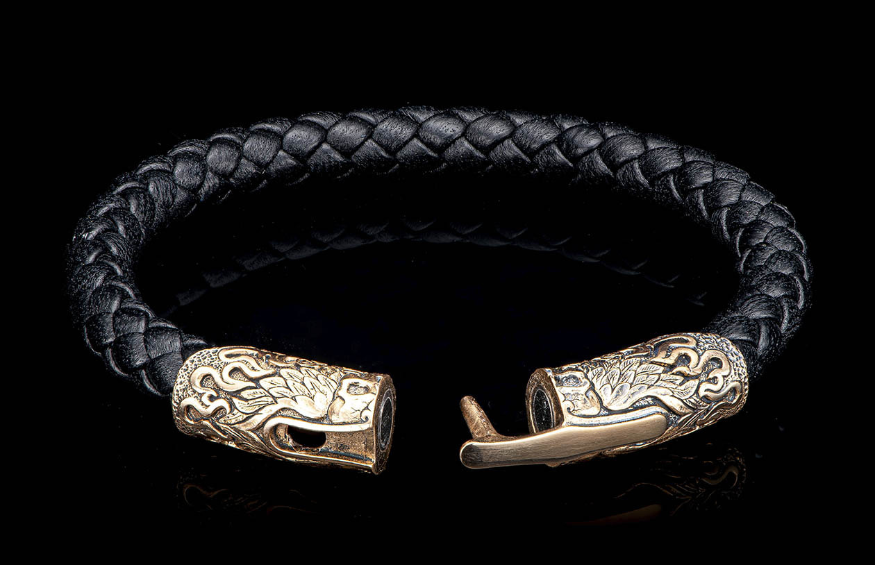 William Henry Ramble On Bronze and Black Leather Bracelet open clasp