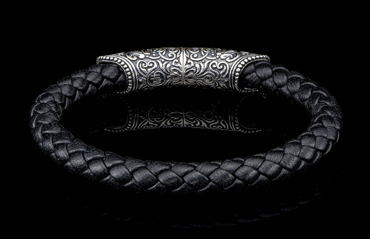 William Henry Milan Silver and Black Leather Bracelet back view