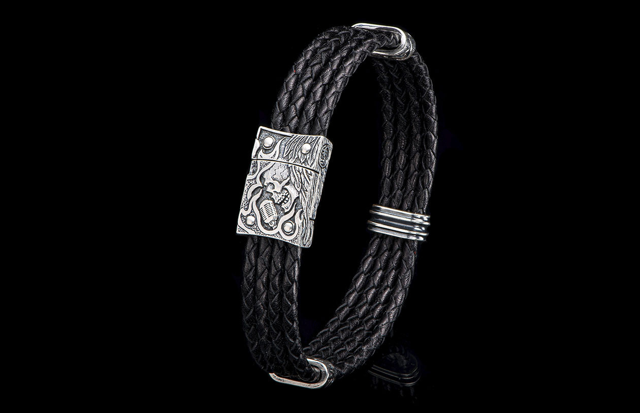 William Henry Free Bird Silver and Black Leather Bracelet