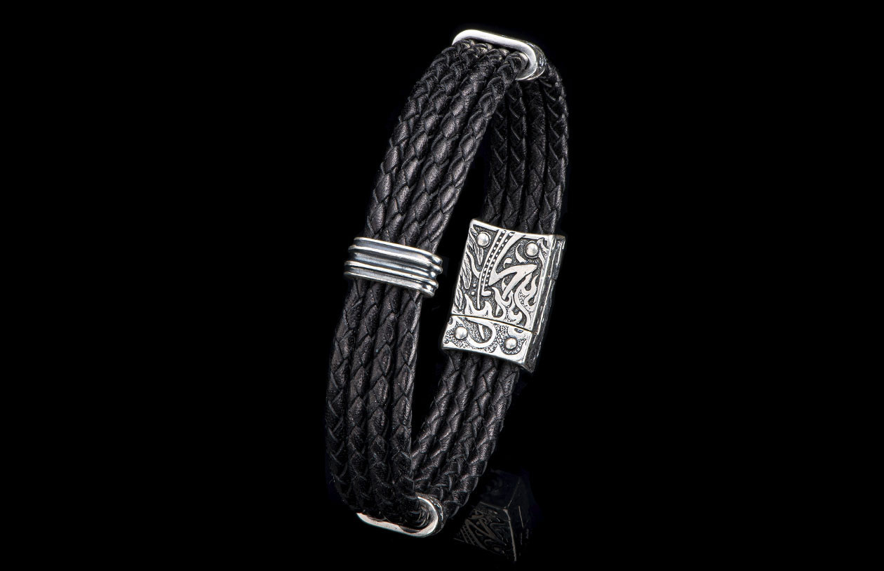 William Henry Free Bird Silver and Black Leather Bracelet back view 