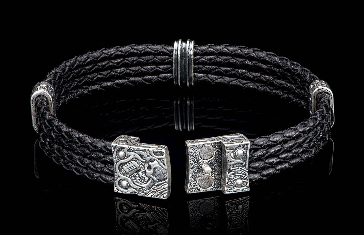 William Henry Free Bird Silver and Black Leather Bracelet open clasp
