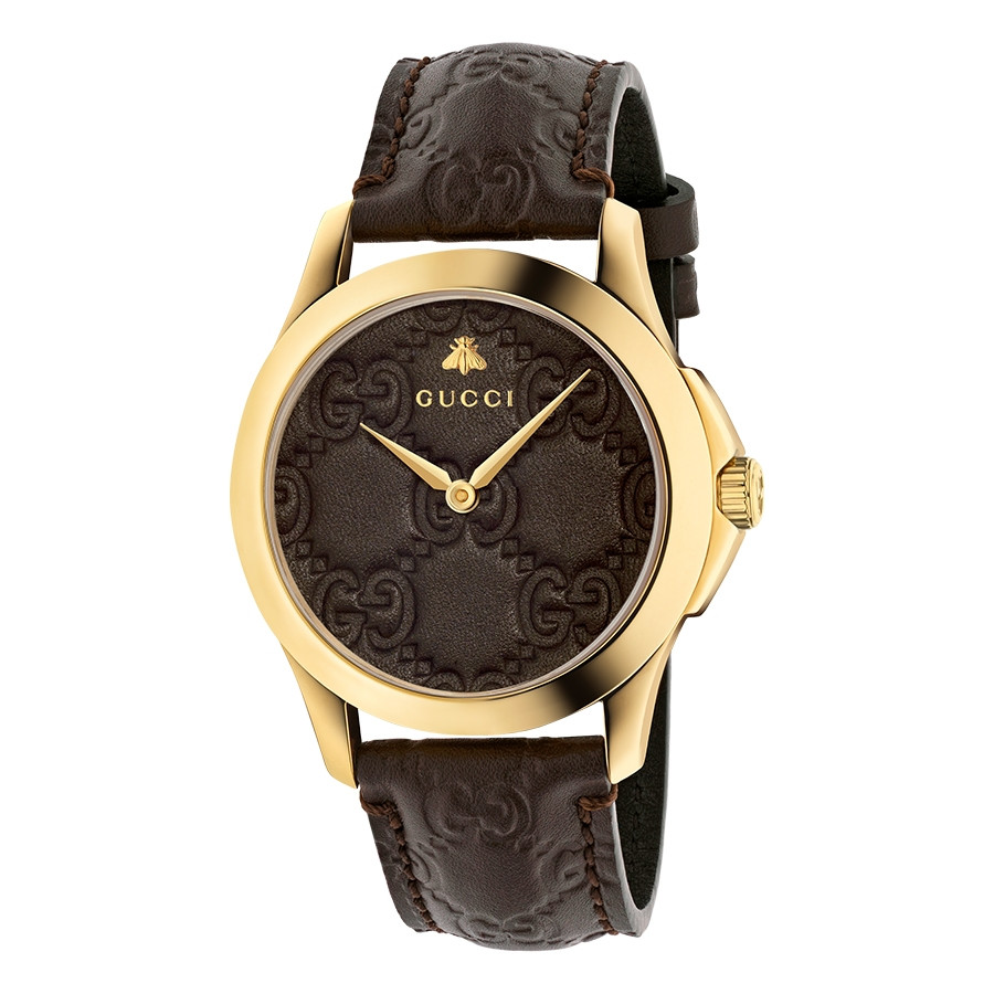 Gucci Signature 38mm Yellow Gold Dark Brown G-Timeless Leather Watch