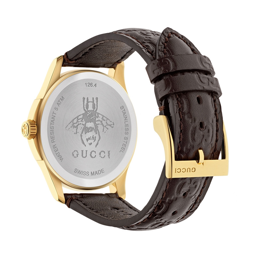 Gucci Signature 38mm Yellow Gold Dark Brown G-Timeless Leather Watch Angle View