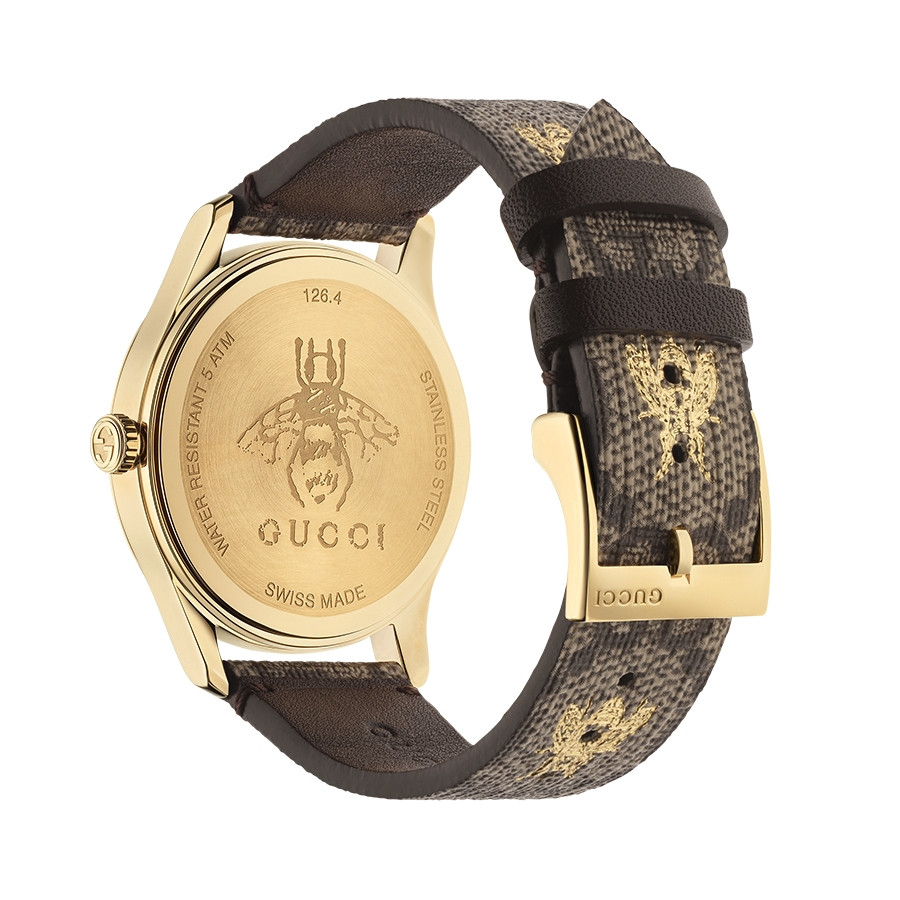 Gucci Garden Yellow Gold Bee Brown G-Timeless Canvas Watch Angle View