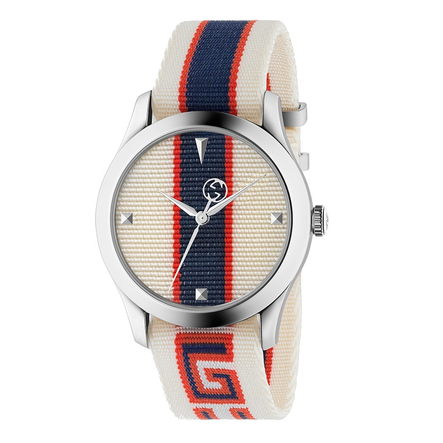 Brandy Caius Shipley Gucci G-Timeless Red, White, and Blue Striped Nylon Sport Watch