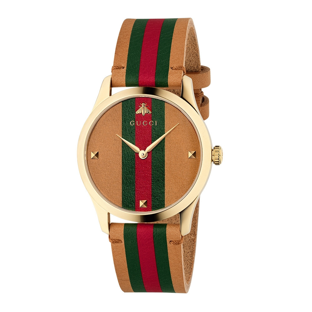 Gucci G-Timeless Contemporary Yellow Gold Green & Red Stripe Dial Watch