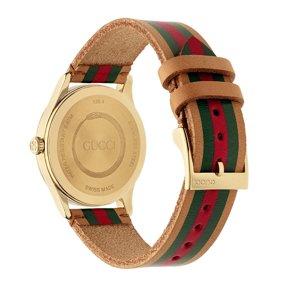 Gucci Yellow Gold Green & Red Stripe G-Timeless Contemporary Watch Angle View