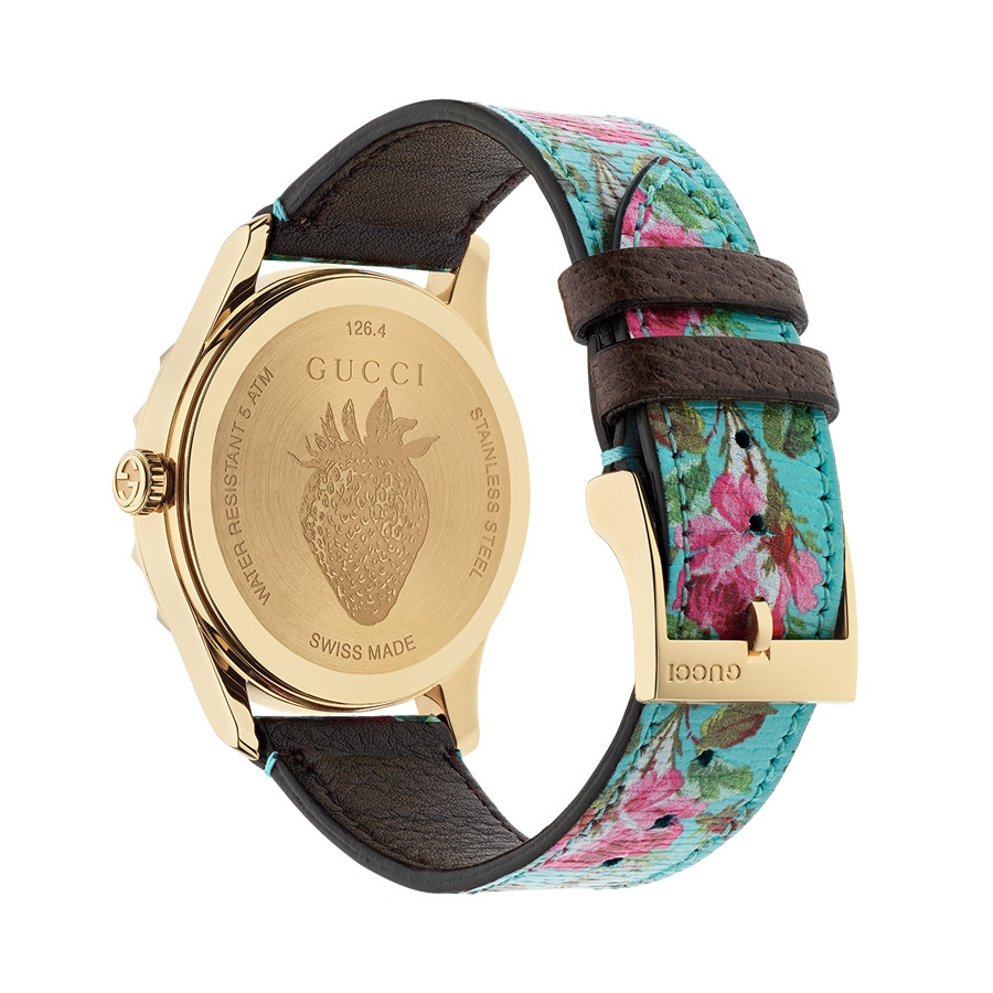 Gucci Yellow Gold G-Timeless Garden Aquamarine Flower Print Dial Watch Angle View
