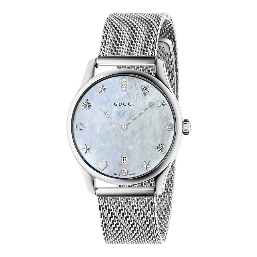 Gucci G-Timeless Slim Stainless Steel Mesh Diamond & White Mother of