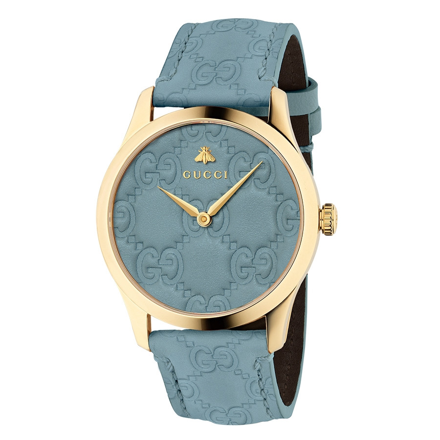 Gucci Signature Yellow Gold Sky Blue Debossed Dial G-Timeless Watch