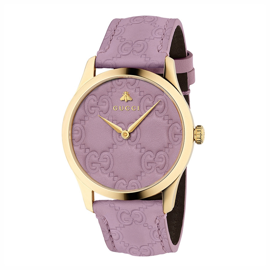 Gucci Signature Yellow Gold Sophisticated Pink Debossed Dial G-Timeless Watch
