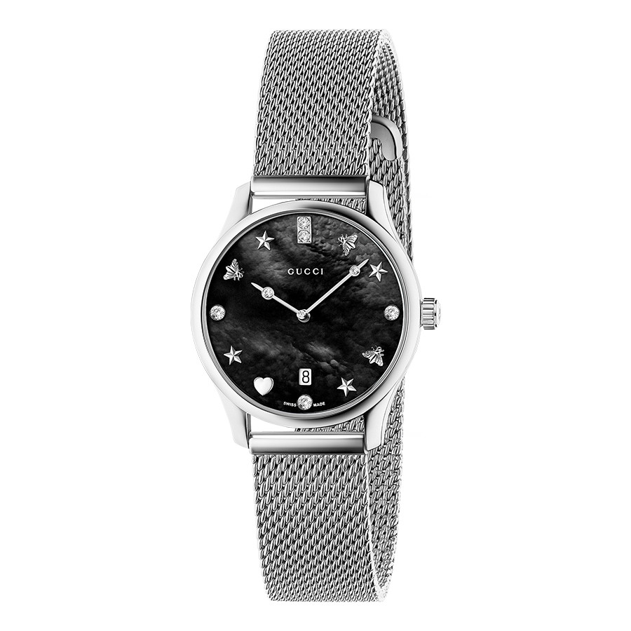 Gucci Stainless Steel G-Timeless Slim Diamond & Black Mother of Pearl Dial Watch