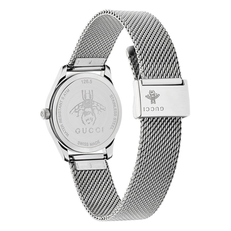 Gucci Stainless Steel G-Timeless Slim Diamond & Black Mother of Pearl Dial Watch Angle View