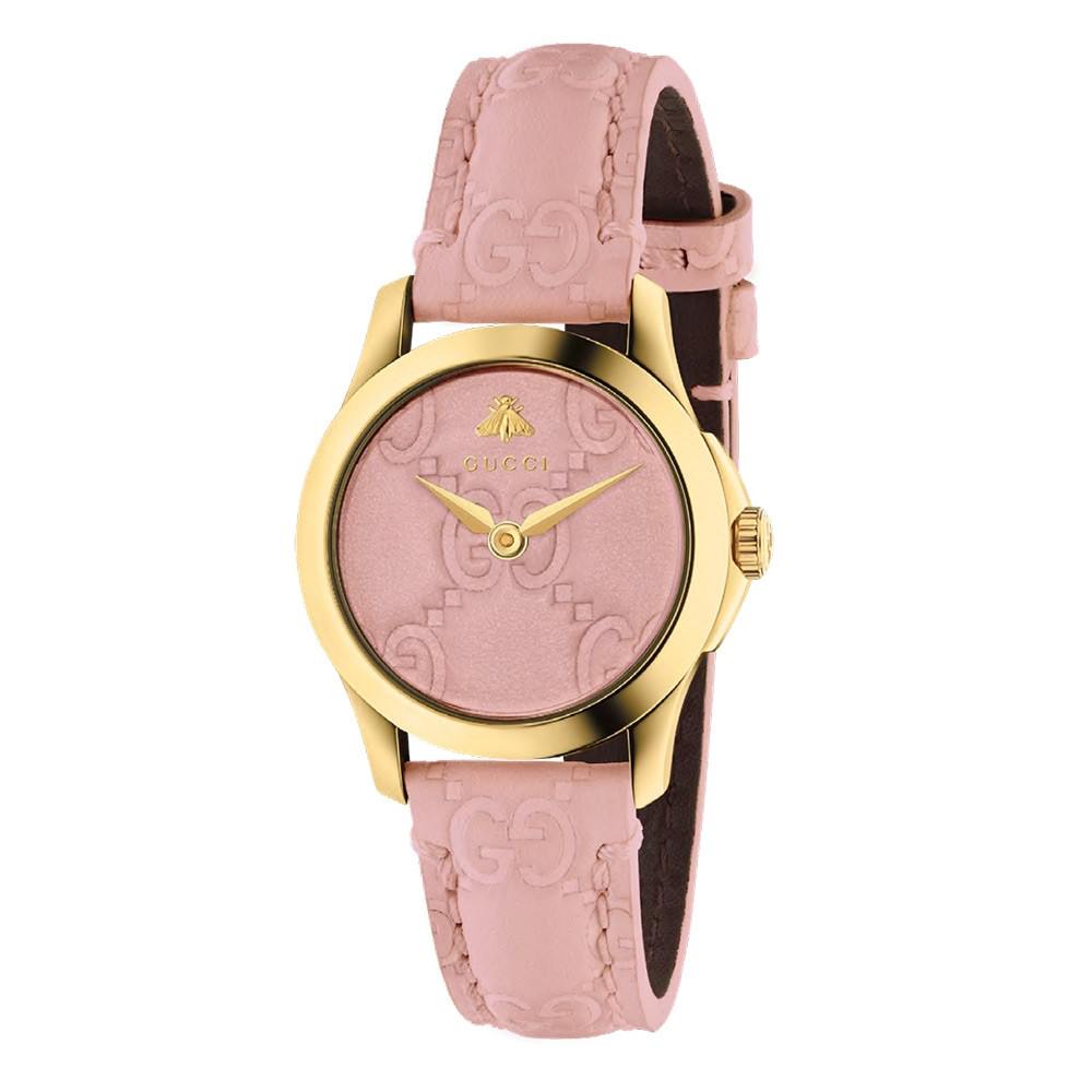 Gucci G-Timeless Signature 27mm Yellow Gold Pastel Pink Dial Watch