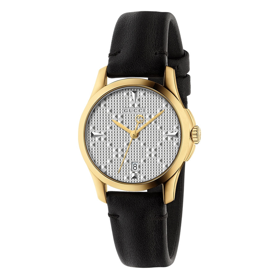 Gucci 27mm Yellow Gold Silver Diamond Pattern Dial G-Timeless Watch