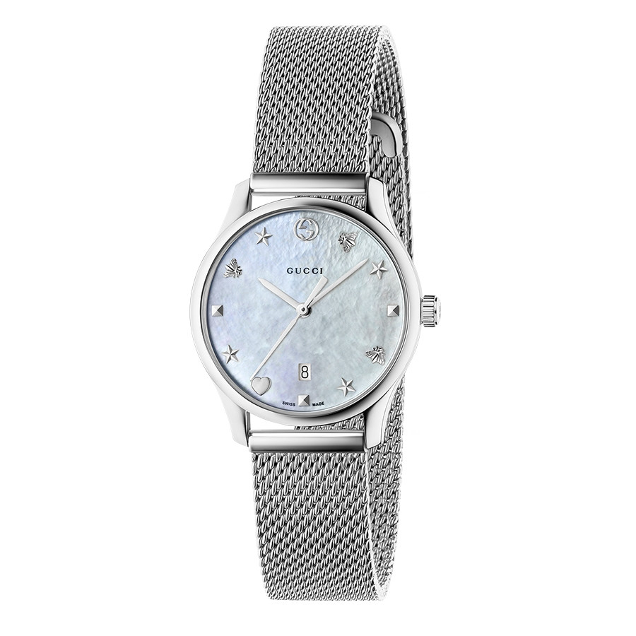 G-Timeless Slim Stainless Steel Mesh & Mother of Pearl Gucci Dial Watch