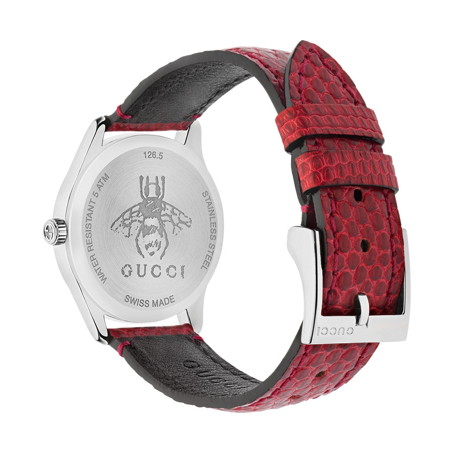 Gucci Slim 29mm Cherry Mother of Pearl House Motif Dial G-Timeless Watch Angle View